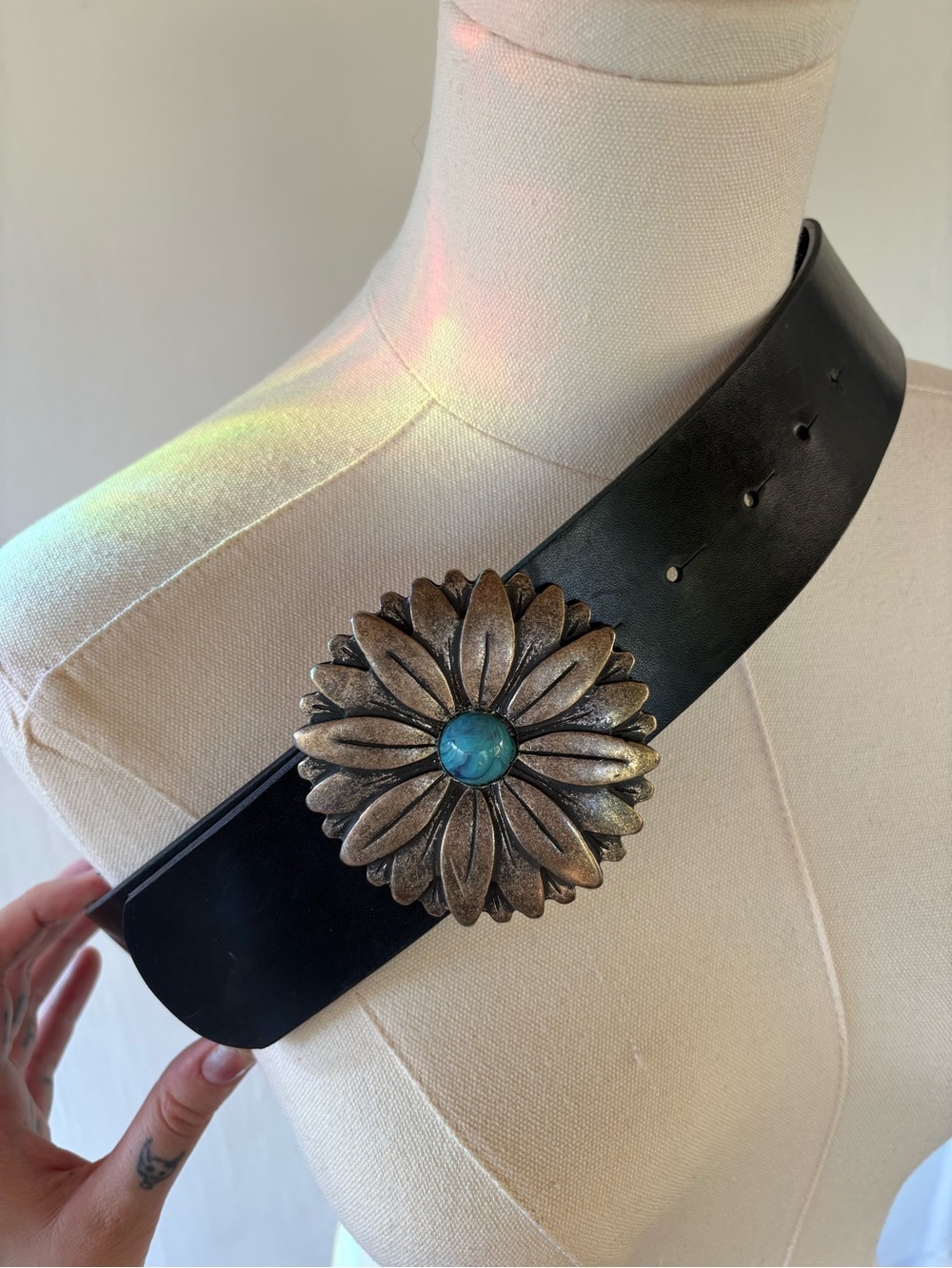 Buffalo David Bitton Black Leather Belt with Floral Concho and Turquoise Accent